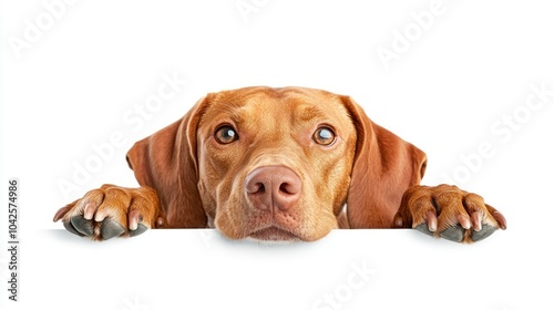 A close-up of a brown dog with a curious expression, resting its paws on a surface.