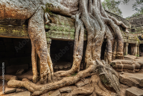 High dynamic range (hdr) image of ancient ruins with tree roots, Ta Prohm temple ruins, Angkor, Cambodia