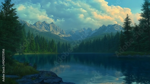 A serene landscape featuring a calm lake surrounded by lush forests and majestic mountains under a blue sky with fluffy clouds.