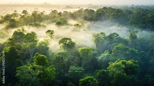 Aerial view of a lush forest shrouded in morning mist, showcasing natural beauty and tranquility.