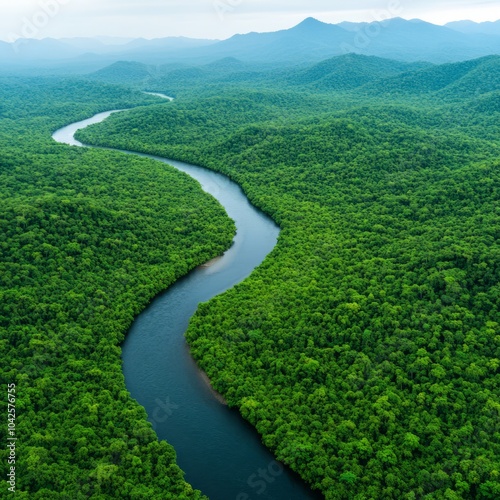 Aerial view of a winding river through lush green forested mountains.