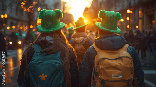 Two people wearing green ha...