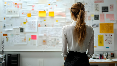 Person analyzing notes and ideas on a brainstorming wall.