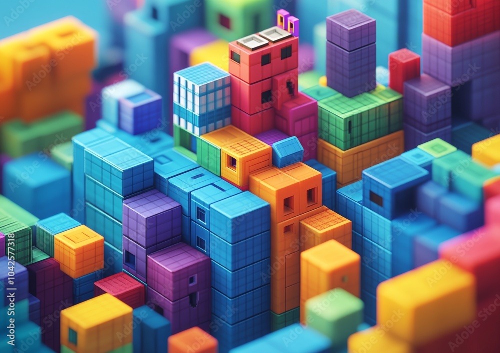 Fototapeta premium An abstract city skyline composed of colorful blocks with a focus on a small building with windows.