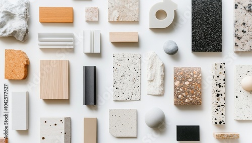 A flat lay of various building materials samples, including wood, stone, concrete, and tile, arranged in a grid pattern on a white background.