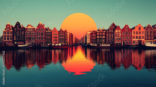 Sunset over a canal lined w...
