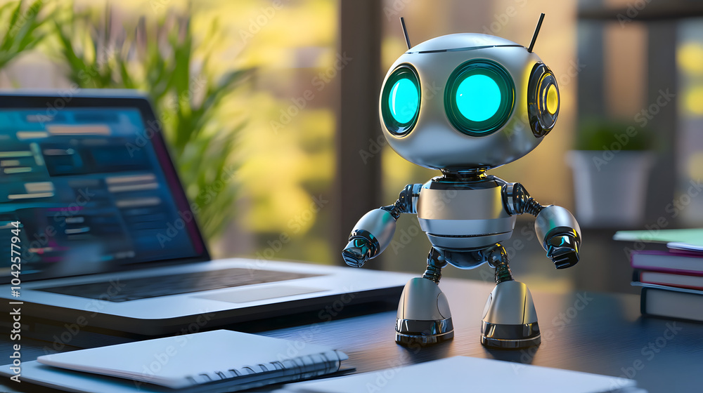 Fototapeta premium Futuristic Mini Robot on a Desk with a laptop and notebooks
