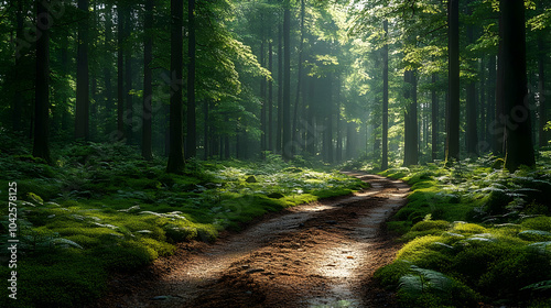 Lush forest path with sunli...