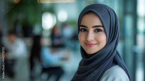 A young woman wearing a hijab smiles at the camera in a modern office setting.