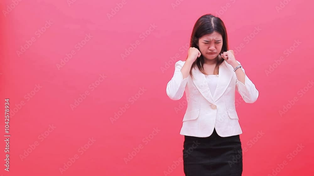 young woman wearing formal white suit sad, crying both hands wiping tears standing isolated red background, for corporate content, advertising, promotion, education