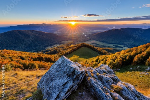 Fototapeta Naklejka Na Ścianę i Meble -  Enchanted Bieszczady Mountains, with glowing trees, mystical creatures, and a magical sunrise illuminating the forest