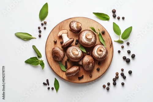 Wallpaper Mural A wooden cutting board with mushrooms, peppercorns, and green leaves arranged in a circle on a white background. Torontodigital.ca