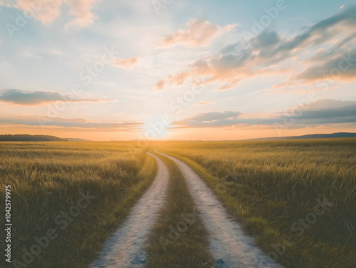 Idyllic rural landscape with a dirt road leading to the horizon at sunset, surrounded by golden wheat fields under dramatic clouds, evoking serenity and meditation.