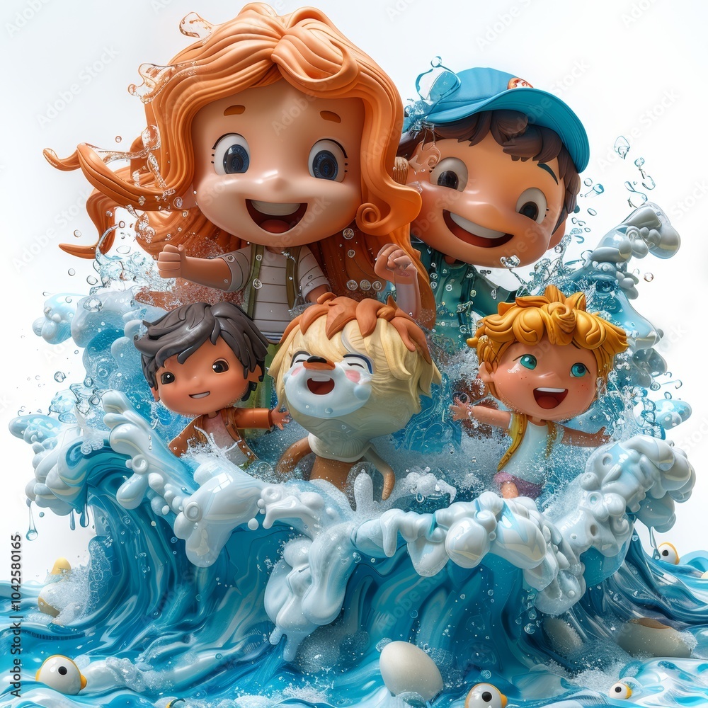 Joyful Cartoon Characters Playing in High Water Waves Joyful Cartoon Characters Playing in High Water Waves