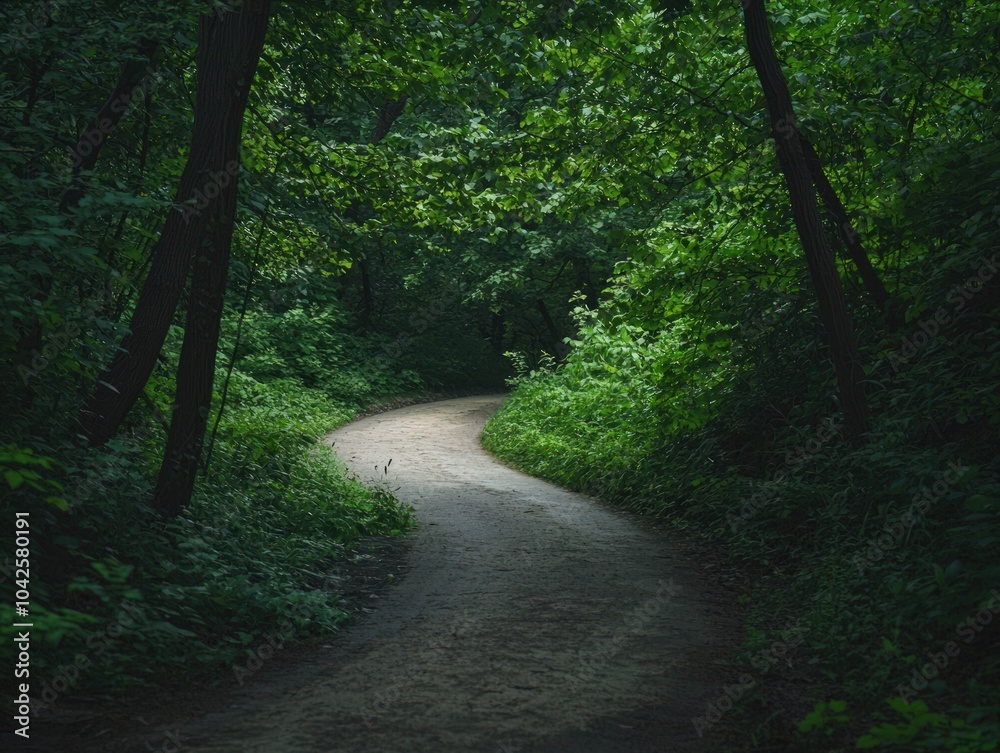 Obraz premium A winding dirt path through a lush green forest.