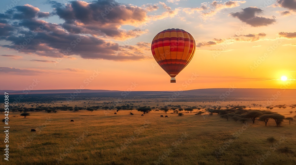 Naklejka premium Hot air balloon gently floating over the African savannah at sunrise offering views of wildlife and open plains below