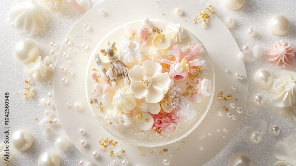 A decorative cake adorned with flowers and pearls, showcasing intricate pastry art. A decorative cake adorned with flowers and pearls, showcasing intricate pastry art.