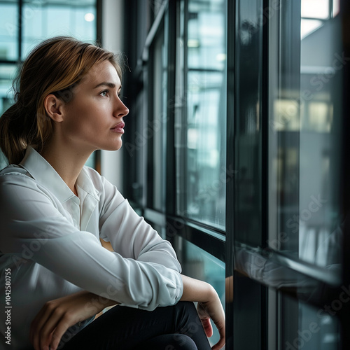 Career Woman Experiencing Eye Fatigue, Gazing Out of a Large Office Window with Minimalist Interior, Set Against a Transparent Background to Evoke a Sense of Serenity.