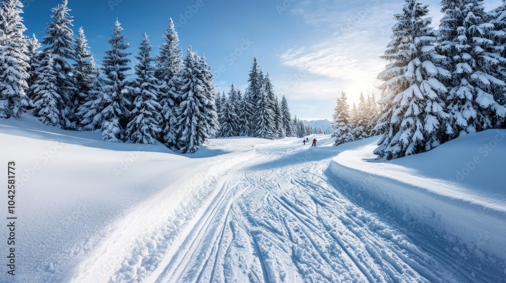 A snow-covered path winds through a snowy forest with tall pine trees on either side and two people cross-country skiing in the distance. A snow-covered path winds through a snowy forest with tall pine trees on either side and two people cross-country skiing in the distance.