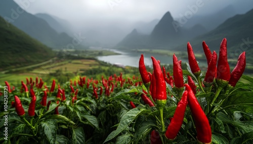 Fototapeta Naklejka Na Ścianę i Meble -  A field of red chili peppers growing in a misty valley landscape.