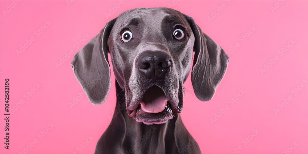 A portrait of a great dane dog with a surprised expression, looking into the camera isolated a pink background A portrait of a great dane dog with a surprised expression, looking into the camera isolated a pink background