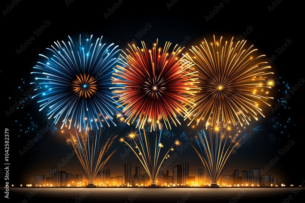Hyper-realistic fireworks bursting over a city skyline, with vivid colors and detailed smoke trails filling the night sky Hyper-realistic fireworks bursting over a city skyline, with vivid colors and detailed smoke trails filling the night sky