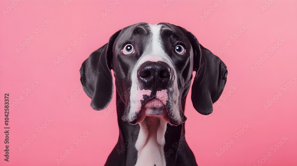 A portrait of a great dane dog with a surprised expression, looking into the camera isolated a pink background A portrait of a great dane dog with a surprised expression, looking into the camera isolated a pink background