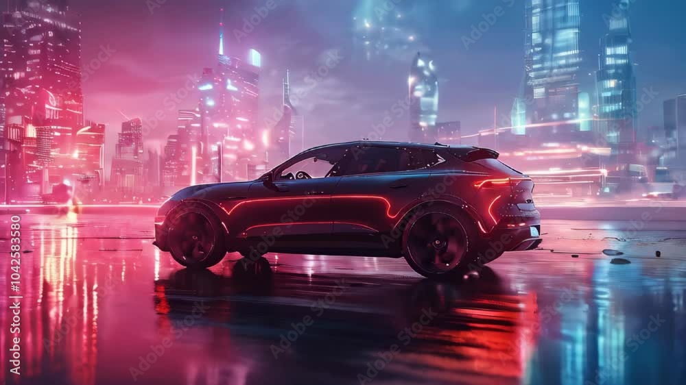 SUV electric car in the night city. SUV electric car in the night city.