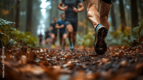 Runners on a forest trail d...
