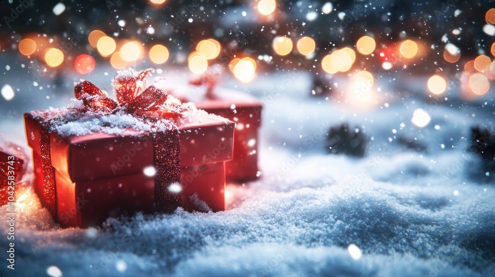A festive scene featuring red gift boxes in snow, evoking a cozy holiday atmosphere. A festive scene featuring red gift boxes in snow, evoking a cozy holiday atmosphere.