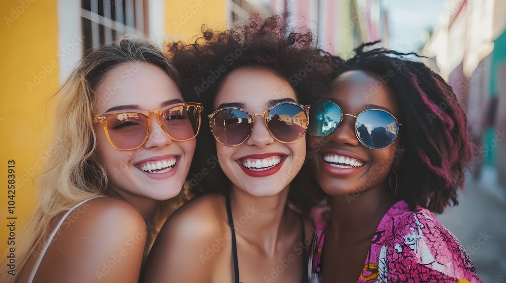 Optimistic cheery young women multiracial friends. Optimistic cheery young women multiracial friends.