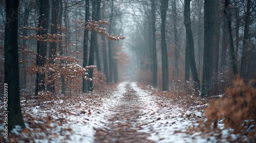 A misty path through a forest with autumn leaves and snow.