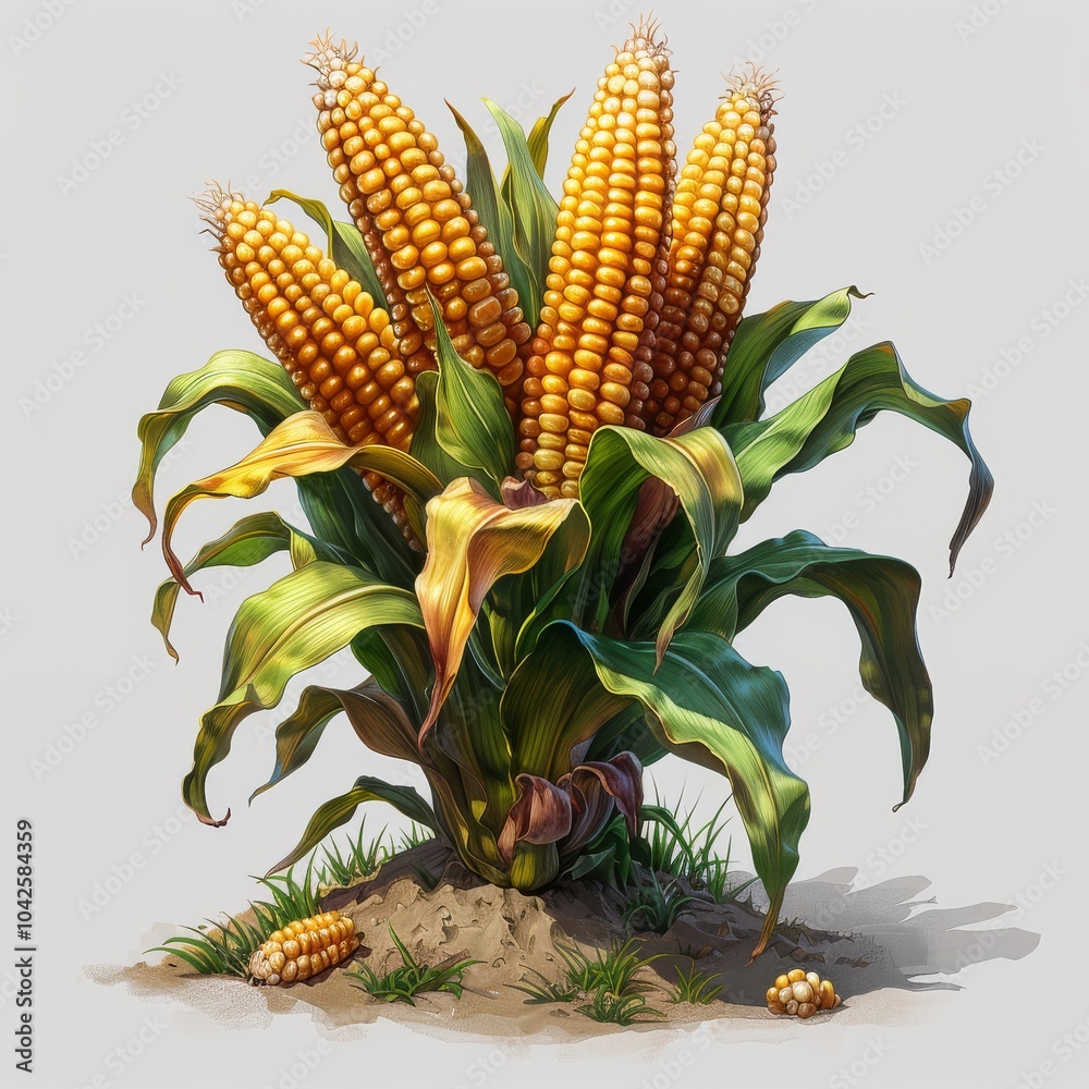 Obraz premium Isometric Cartoon Corn Plant with Ears and Leaves