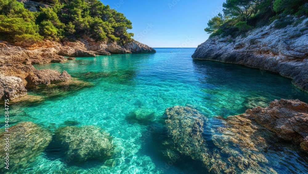 Fototapeta premium A hidden cove with crystal-clear turquoise waters and rocky cliffs covered in green vegetation.