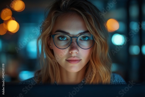 A young woman with blonde hair and glasses looks intently at a laptop screen.