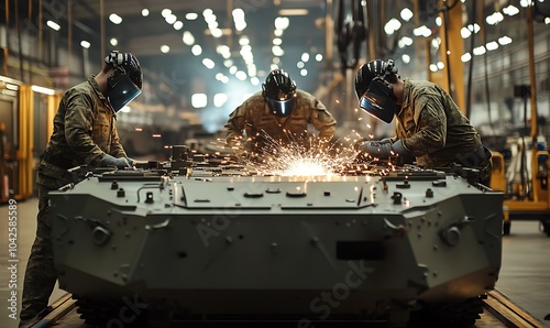 Three welders working on a military vehicle in a factory.