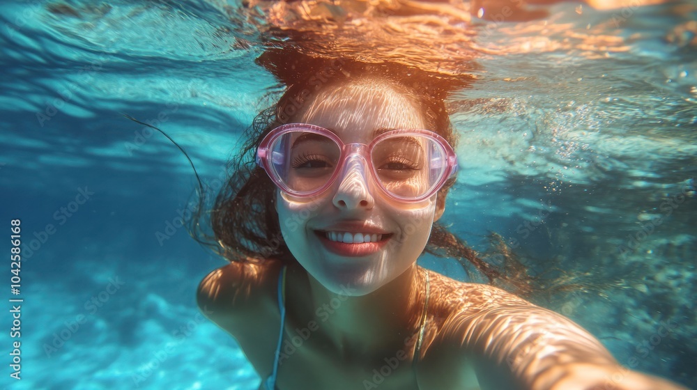 Fototapeta premium A joyful underwater selfie of a young woman wearing pink goggles, smiling in a pool.