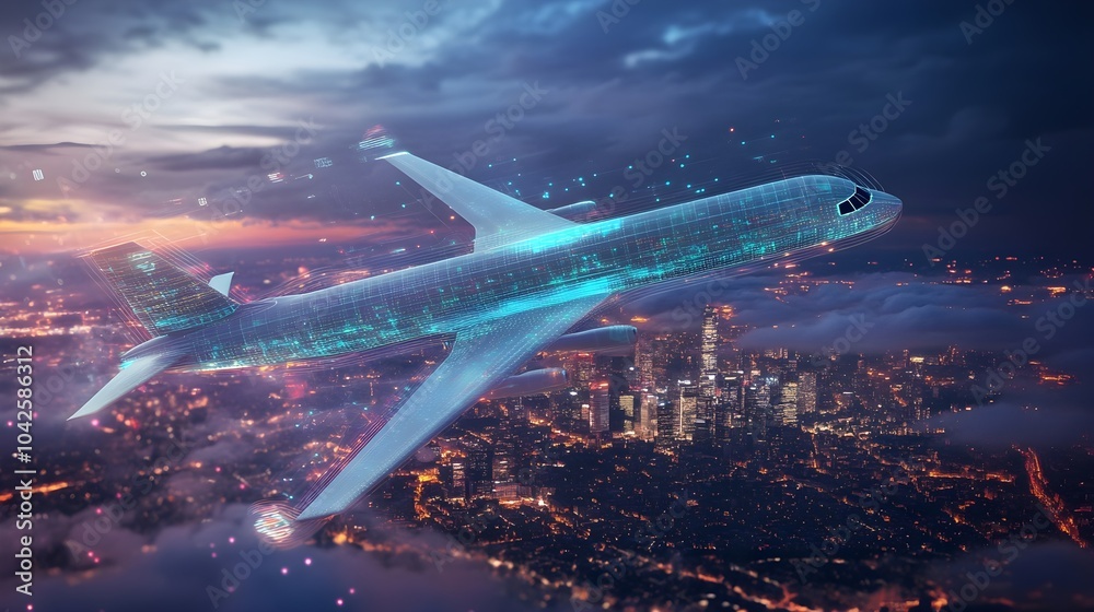 Smart digital airplane , artificial intelligence in aviation technology. flight navigation, safety protocols, and fuel efficiency. air travel Smart digital airplane , artificial intelligence in aviation technology. flight navigation, safety protocols, and fuel efficiency. air travel