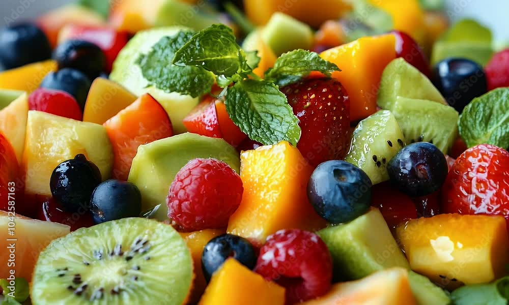 A colorful fruit salad featuring various fresh fruits garnished with mint leaves. A colorful fruit salad featuring various fresh fruits garnished with mint leaves.
