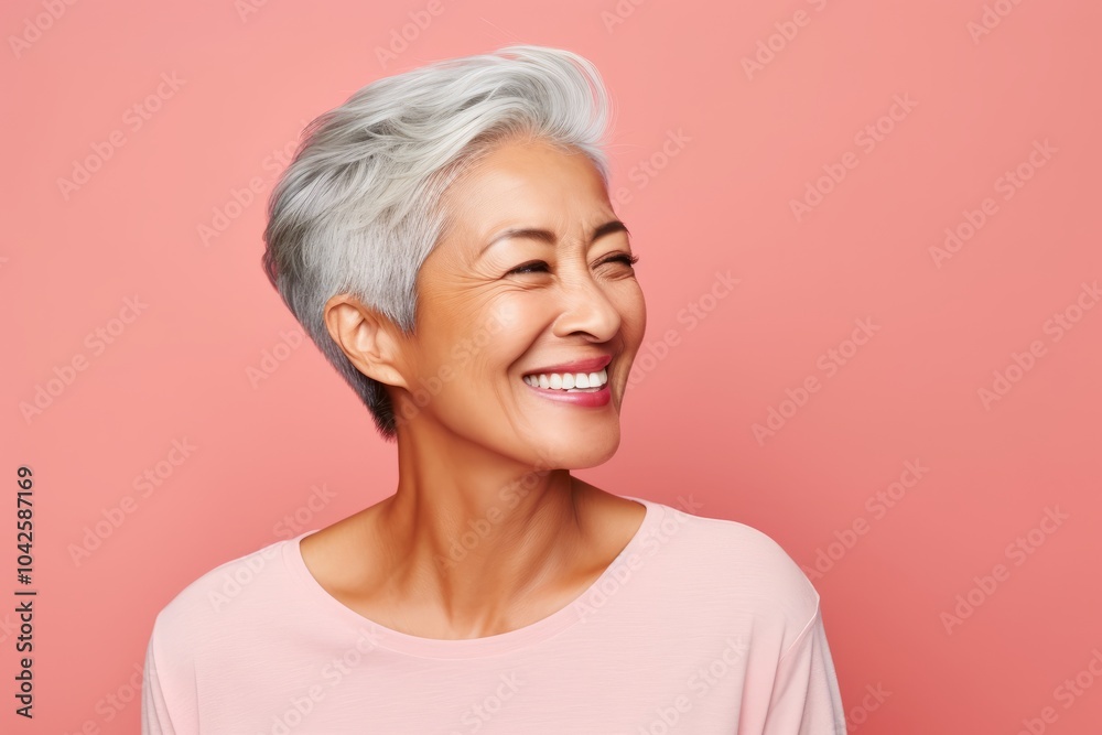 smiling asian senior woman looking at copy space over pink background smiling asian senior woman looking at copy space over pink background
