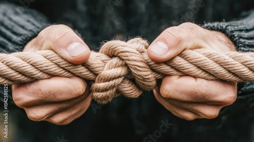 Hands Tying Intricate Knot in Sturdy Rope on Rugged Outdoor Background