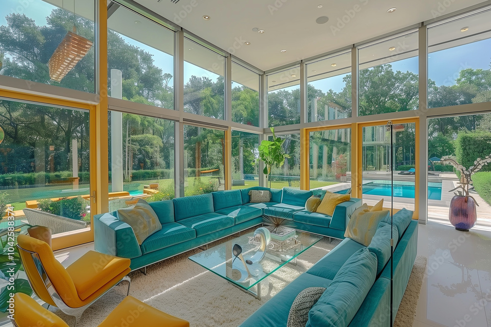 Fototapeta premium Bright, cheerful living room with a turquoise sectional, yellow accent chairs, a glass coffee table, and floor-to-ceiling windows facing a garden. interior design concept 