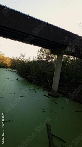 The video is an FPV flight along a narrow overgrown creek. The creek is covered in duckweed, and the banks are lined with trees and shrubs. The video is taken from the perspective of the FPV drone