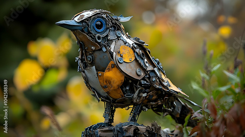 A metallic bird sculpture m...