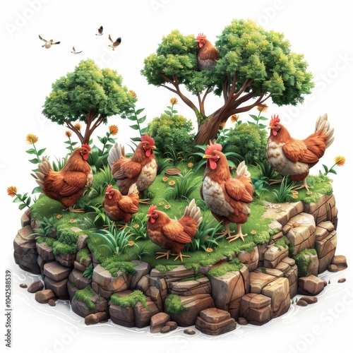 Wallpaper Mural Isometric Cartoon Farm with Chickens in 3D Rendering Torontodigital.ca