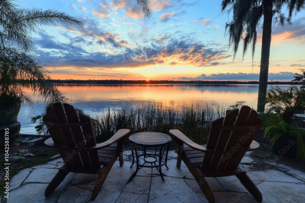 Two chairs facing a lake with a sunset in the background. Two chairs facing a lake with a sunset in the background.