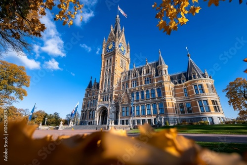 The Peace Palace in The Hague, standing tall with its intricate Neo-Renaissance architecture surrounded by manicured gardens photo