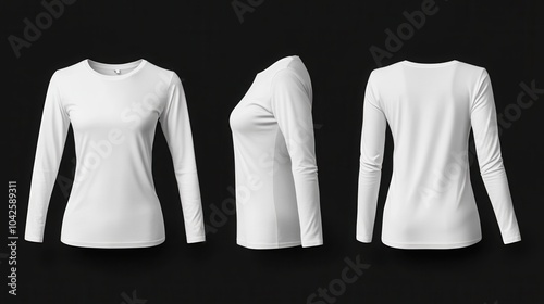 Women's white long-sleeved t-shirt isolated on black background, mockup template concept with front side and back view, 3d render