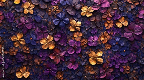 A seamless pattern of purple, pink, and gold flowers.