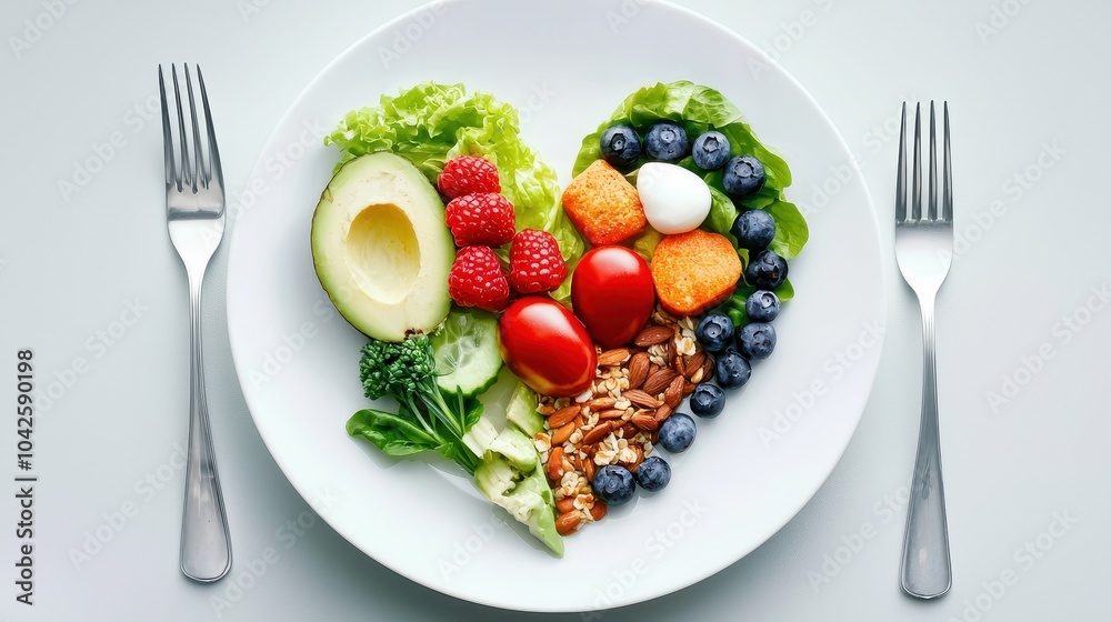 Fresh, nutritious food arranged in a heart shape on a clean plate, symbolizing a balanced diet and wellness. Fresh, nutritious food arranged in a heart shape on a clean plate, symbolizing a balanced diet and wellness.